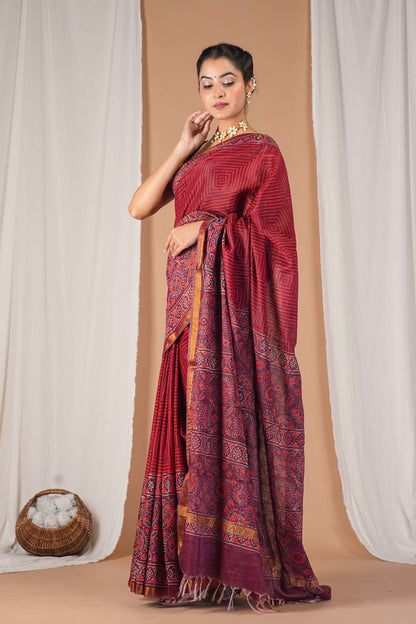 Anuttara Women's Bhagalpuri Maroon Cotton Silk Hand Block with Golden Border Ethnic Saree With Blouse_AFS1528-FS