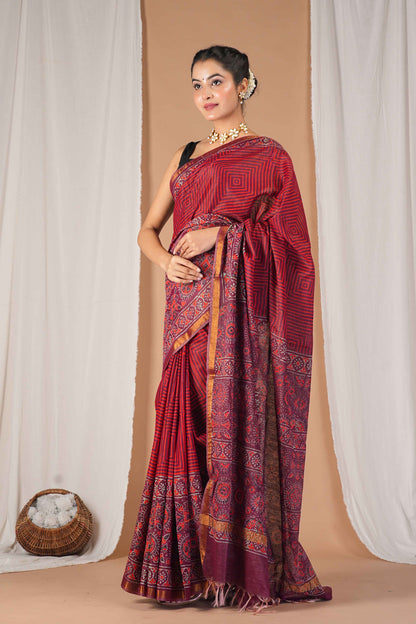 Anuttara Women's Bhagalpuri Maroon Cotton Silk Hand Block with Golden Border Ethnic Saree With Blouse_AFS1528-FS