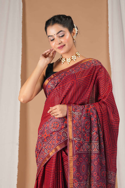 Anuttara Women's Bhagalpuri Maroon Cotton Silk Hand Block with Golden Border Ethnic Saree With Blouse_AFS1528-FS