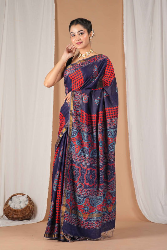 Anuttara Women's Bhagalpuri Multicolor Cotton Silk Hand Block with Golden Border Ethnic Saree With Blouse_AFS1529-FS