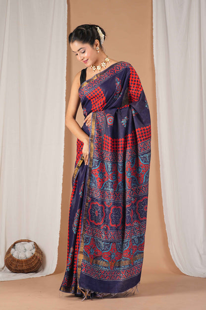 Anuttara Women's Bhagalpuri Multicolor Cotton Silk Hand Block with Golden Border Ethnic Saree With Blouse_AFS1529-FS