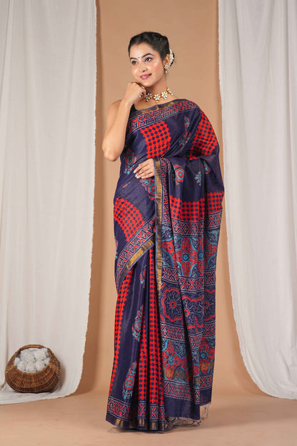 Anuttara Women's Bhagalpuri Multicolor Cotton Silk Hand Block with Golden Border Ethnic Saree With Blouse_AFS1529-FS