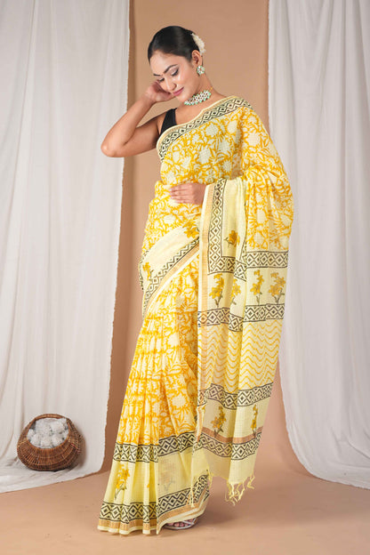 Anuttara Women's Bhagalpuri Yellow Kota Doria Pigment (Hand Block) with Golden Border Ethnic Saree With Blouse_AFS1531-FS