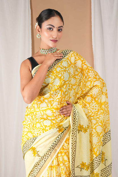Anuttara Women's Bhagalpuri Yellow Kota Doria Pigment (Hand Block) with Golden Border Ethnic Saree With Blouse_AFS1531-FS