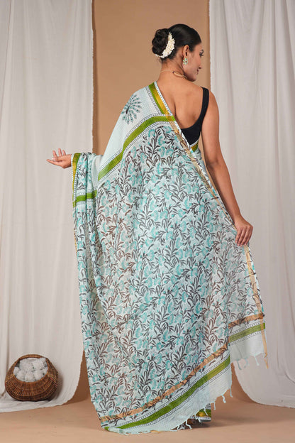 Anuttara Women's Bhagalpuri Mint Green Kota Doria Pigment (Hand Block) with Golden Border Ethnic Saree With Blouse_AFS1532-FS