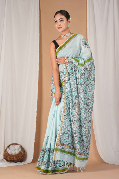 Anuttara Women's Bhagalpuri Mint Green Kota Doria Pigment (Hand Block) with Golden Border Ethnic Saree With Blouse_AFS1532-FS