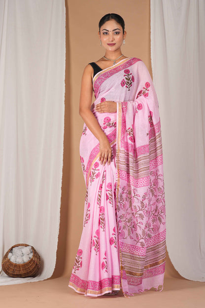 Anuttara Women's Bhagalpuri Pink Kota Doria Pigment (Hand Block) with Golden Border Ethnic Saree With Blouse_AFS1533-FS