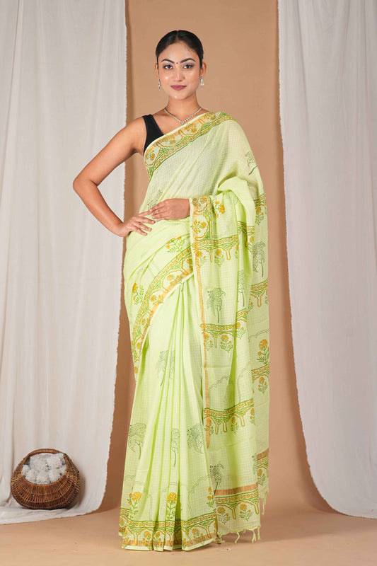 Anuttara Women's Bhagalpuri Parrot Green Kota Doria Pigment (Hand Block) with Golden Border Ethnic Saree With Blouse_AFS1534-FS