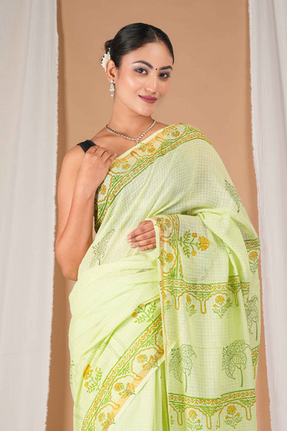 Anuttara Women's Bhagalpuri Parrot Green Kota Doria Pigment (Hand Block) with Golden Border Ethnic Saree With Blouse_AFS1534-FS