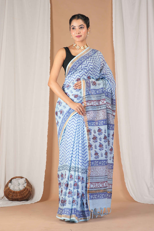 Anuttara Women's Bhagalpuri Mint Blue Kota Doria Pigment (Hand Block) with Golden Border Ethnic Saree With Blouse_AFS1535-FS