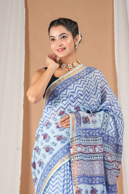 Anuttara Women's Bhagalpuri Mint Blue Kota Doria Pigment (Hand Block) with Golden Border Ethnic Saree With Blouse_AFS1535-FS