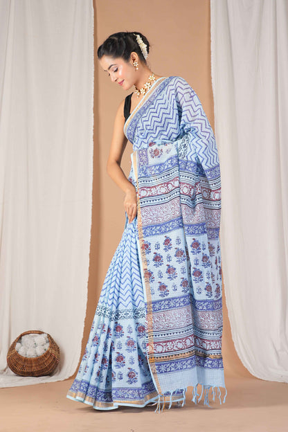 Anuttara Women's Bhagalpuri Mint Blue Kota Doria Pigment (Hand Block) with Golden Border Ethnic Saree With Blouse_AFS1535-FS