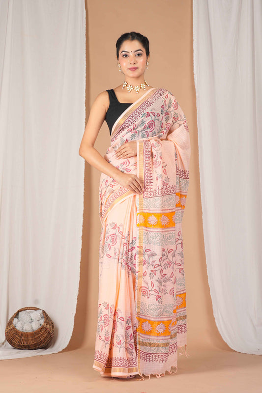 Anuttara Women's Bhagalpuri Peach Kota Doria Pigment (Hand Block) with Golden Border Ethnic Saree With Blouse_AFS1536-FS