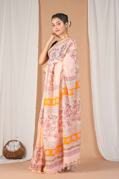 Anuttara Women's Bhagalpuri Peach Kota Doria Pigment (Hand Block) with Golden Border Ethnic Saree With Blouse_AFS1536-FS