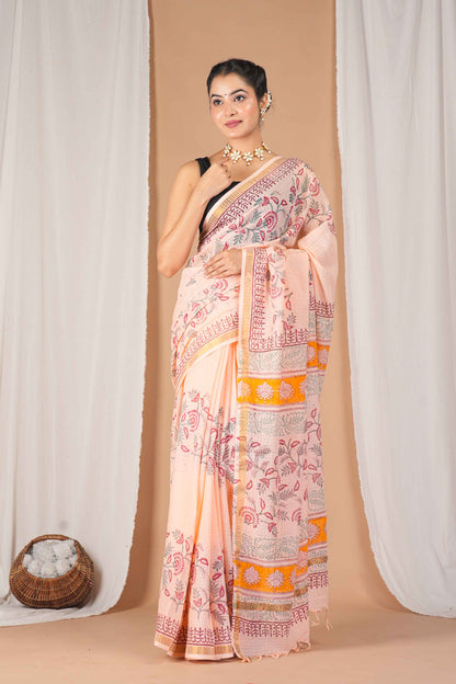 Anuttara Women's Bhagalpuri Peach Kota Doria Pigment (Hand Block) with Golden Border Ethnic Saree With Blouse_AFS1536-FS