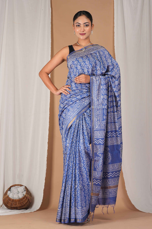 Anuttara Women's Bhagalpuri Blue Cotton Silk Discharge (Hand Block) with Golden Border Ethnic Saree With Blouse_AFS1543-FS