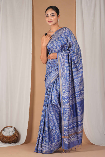 Anuttara Women's Bhagalpuri Blue Cotton Silk Discharge (Hand Block) with Golden Border Ethnic Saree With Blouse_AFS1543-FS