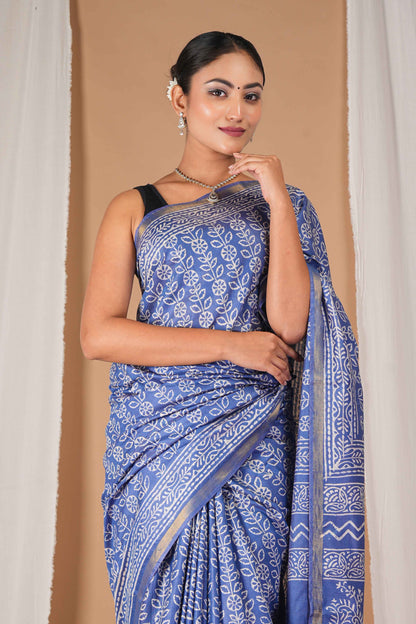 Anuttara Women's Bhagalpuri Blue Cotton Silk Discharge (Hand Block) with Golden Border Ethnic Saree With Blouse_AFS1543-FS