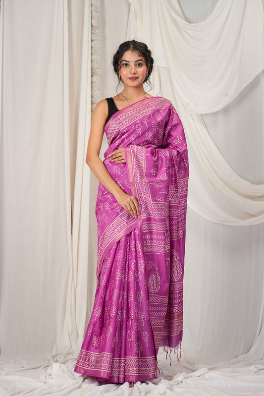 Anuttara Women's Bhagalpuri Purple Cotton Silk Discharge (Hand Block) with Golden Border Ethnic Saree With Blouse_AFS1544-FS
