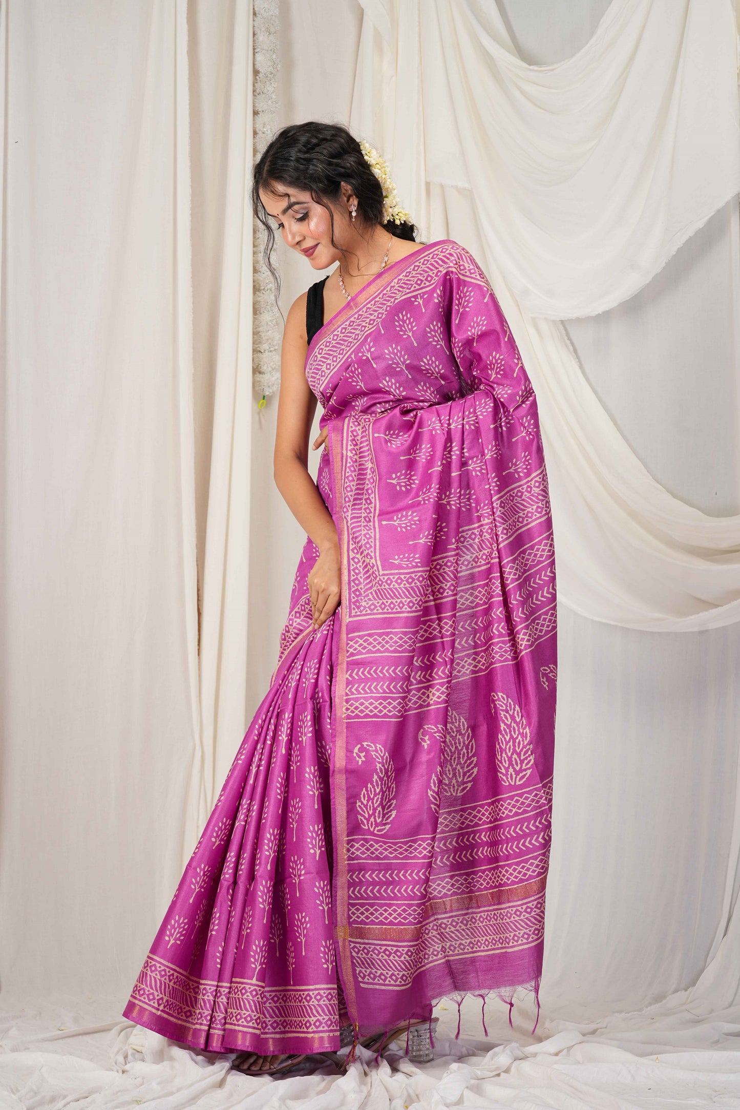 Anuttara Women's Bhagalpuri Purple Cotton Silk Discharge (Hand Block) with Golden Border Ethnic Saree With Blouse_AFS1544-FS