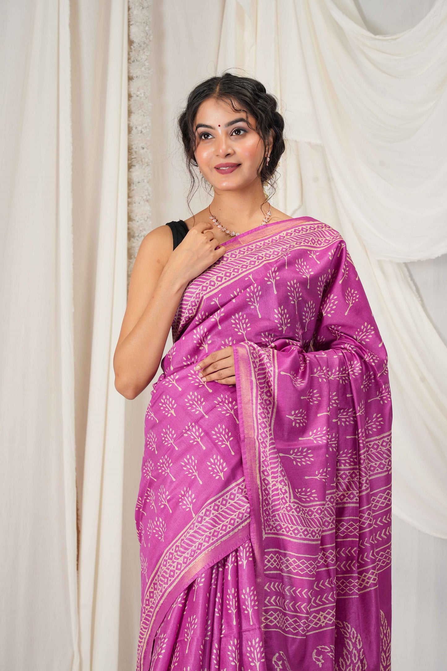Anuttara Women's Bhagalpuri Purple Cotton Silk Discharge (Hand Block) with Golden Border Ethnic Saree With Blouse_AFS1544-FS
