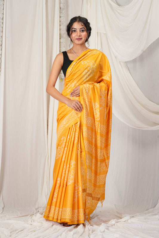 Anuttara Women's Bhagalpuri Yellow Cotton Silk Discharge (Hand Block) with Golden Border Ethnic Saree With Blouse_AFS1545-FS