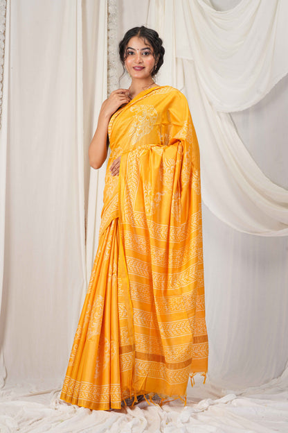 Anuttara Women's Bhagalpuri Yellow Cotton Silk Discharge (Hand Block) with Golden Border Ethnic Saree With Blouse_AFS1545-FS