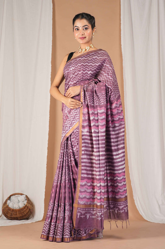 Anuttara Women's Bhagalpuri Mauve Pink Cotton Silk Dabu Print (Hand Block) with Golden Border Ethnic Saree With Blouse_AFS1546-FS