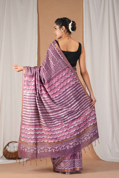Anuttara Women's Bhagalpuri Mauve Pink Cotton Silk Dabu Print (Hand Block) with Golden Border Ethnic Saree With Blouse_AFS1546-FS