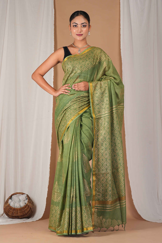 Anuttara Women's Bhagalpuri Green Kota Doria Hand Block with Golden Border Ethnic Saree With Blouse_AFS1547-FS