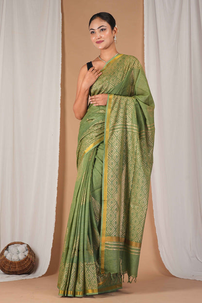 Anuttara Women's Bhagalpuri Green Kota Doria Hand Block with Golden Border Ethnic Saree With Blouse_AFS1547-FS