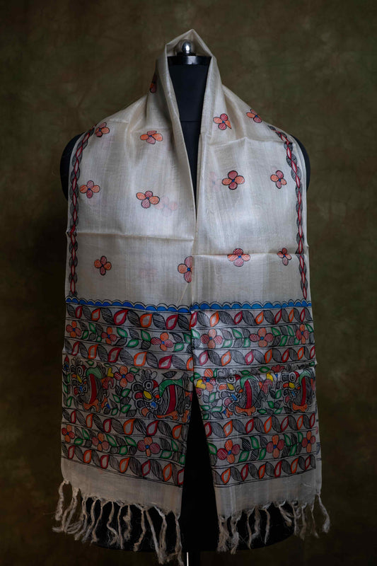 Floral Tussar Madhubani Hand Painting dupatta