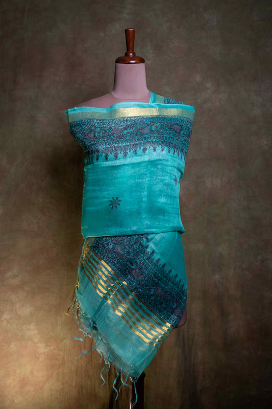 Green Silk Linen Madhubani Hand Painting Dupatta