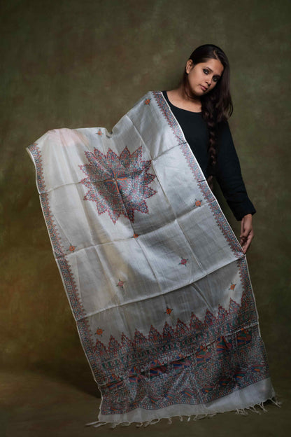 Silver Grey Tussar Madhubani Hand Painting Dupatta