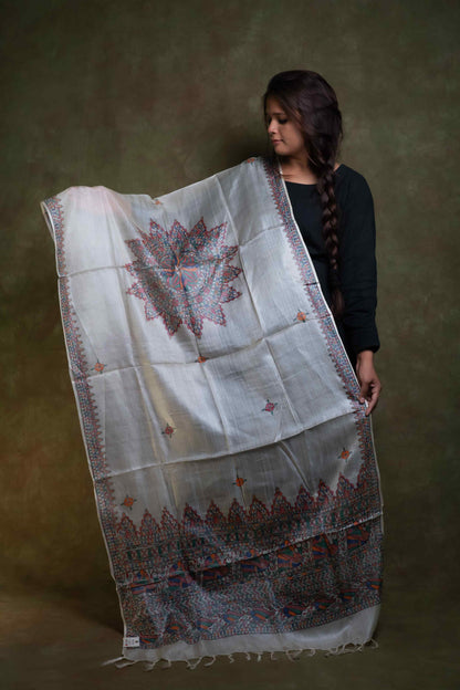 Silver Grey Tussar Madhubani Hand Painting Dupatta