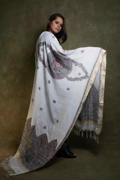 Off white Garland Chanderi Madhubani Hand Painting Dupatta