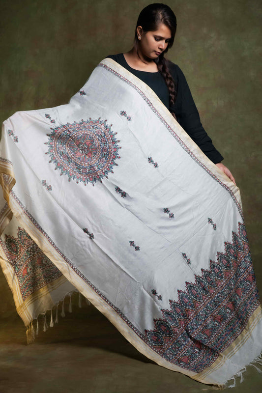 Off White Booty Chanderi Madhubani Hand Painting Dupatta