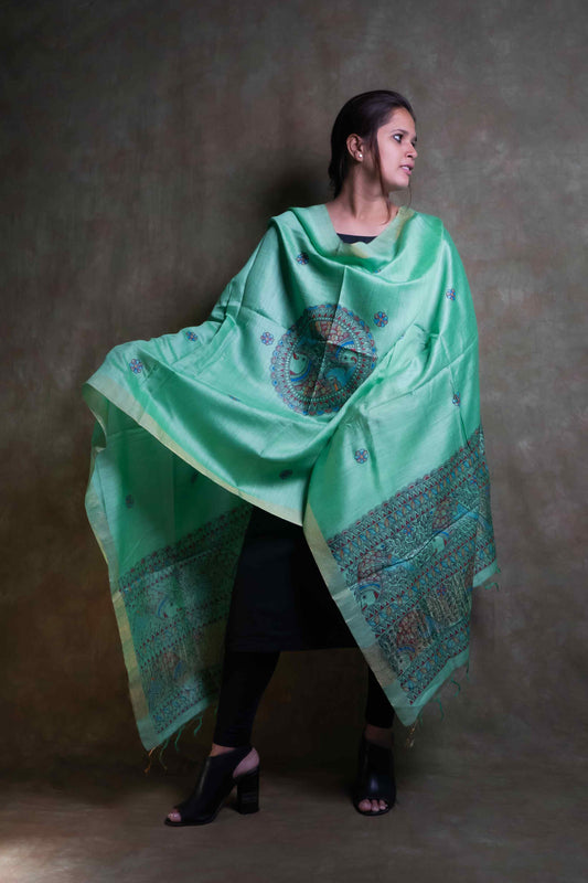 Green Munga Silk Madhubani Hand Painting Dupatta