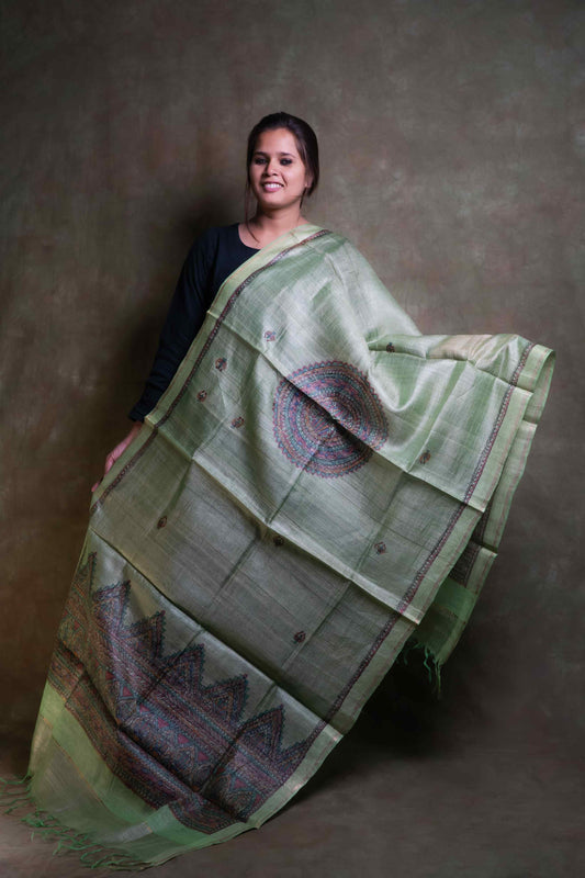 Pale Green Tussar Madhubani Hand Painting Dupatta
