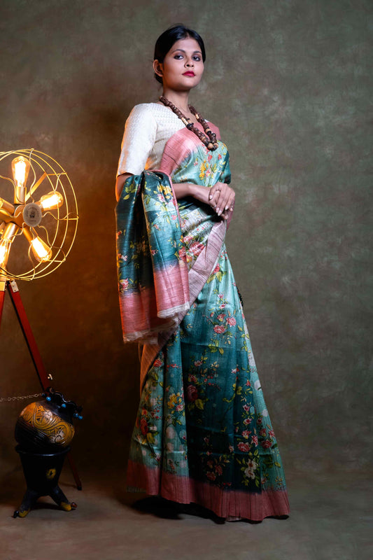 Anuttara Fabric Blue & Pink Ghicha Silk Saree