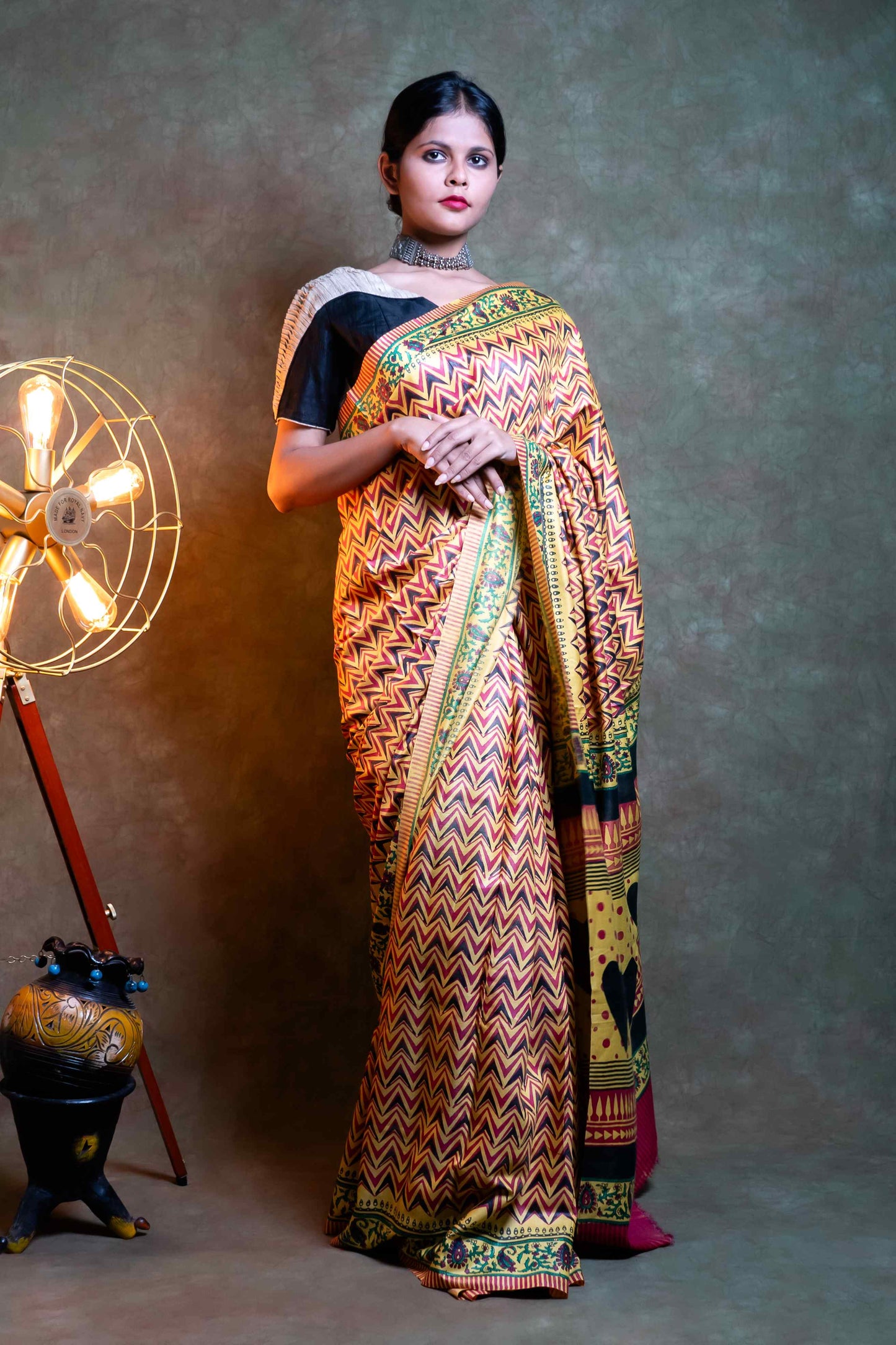 Anuttara Fabric Umber Yellow Munga Silk Printed Saree