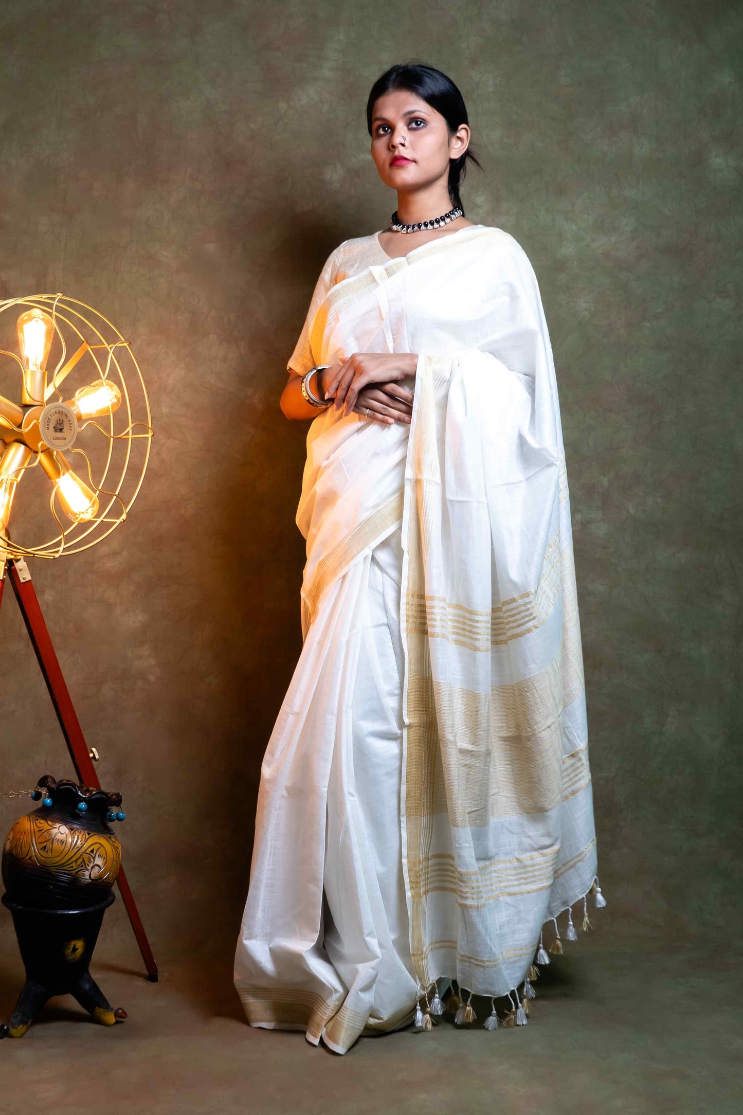Anuttara Fabric White & Golden Khadi Cotton Saree