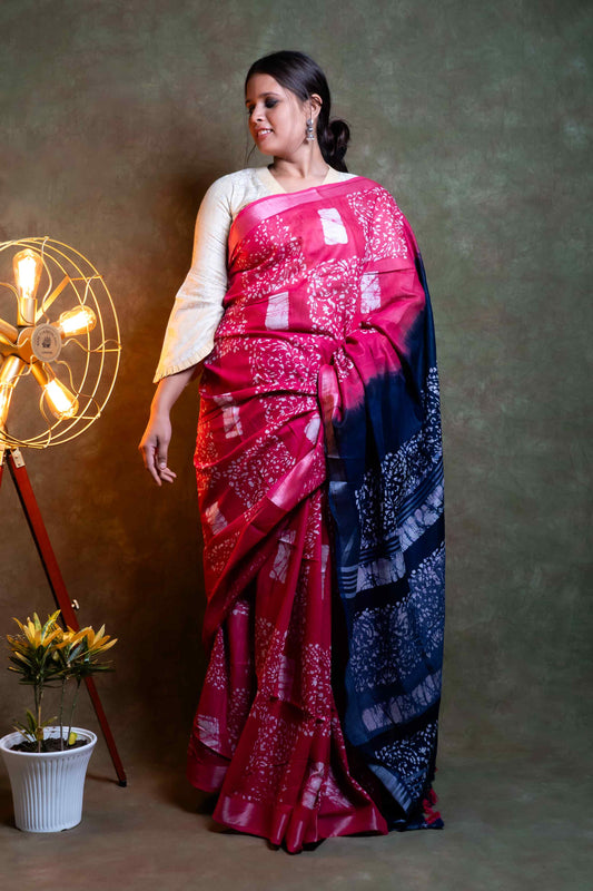 Anuttara Fabric  Deep Pink & Navy Blue Khadi Cotton Printed Saree