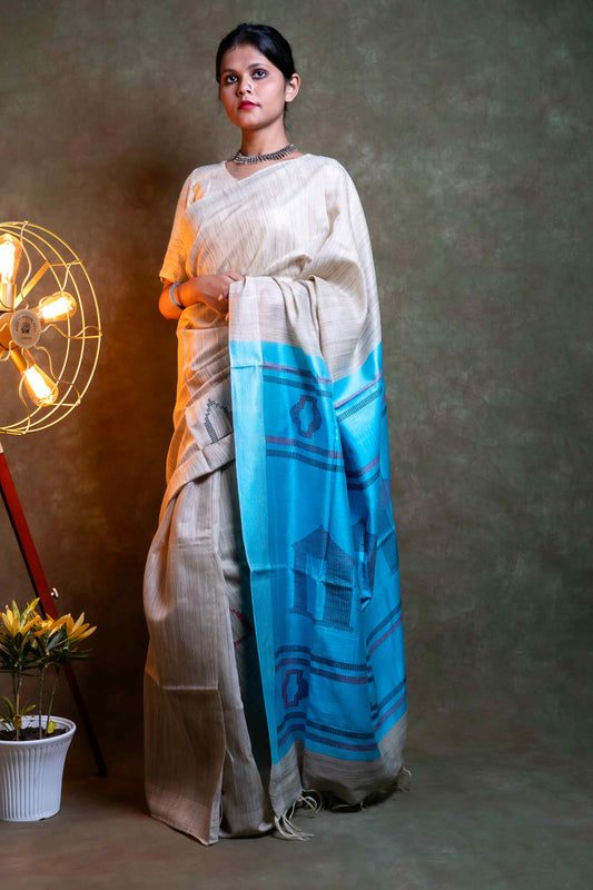 Anuttara Fabric Natural sky Blue Tussar Munga Silk Saree