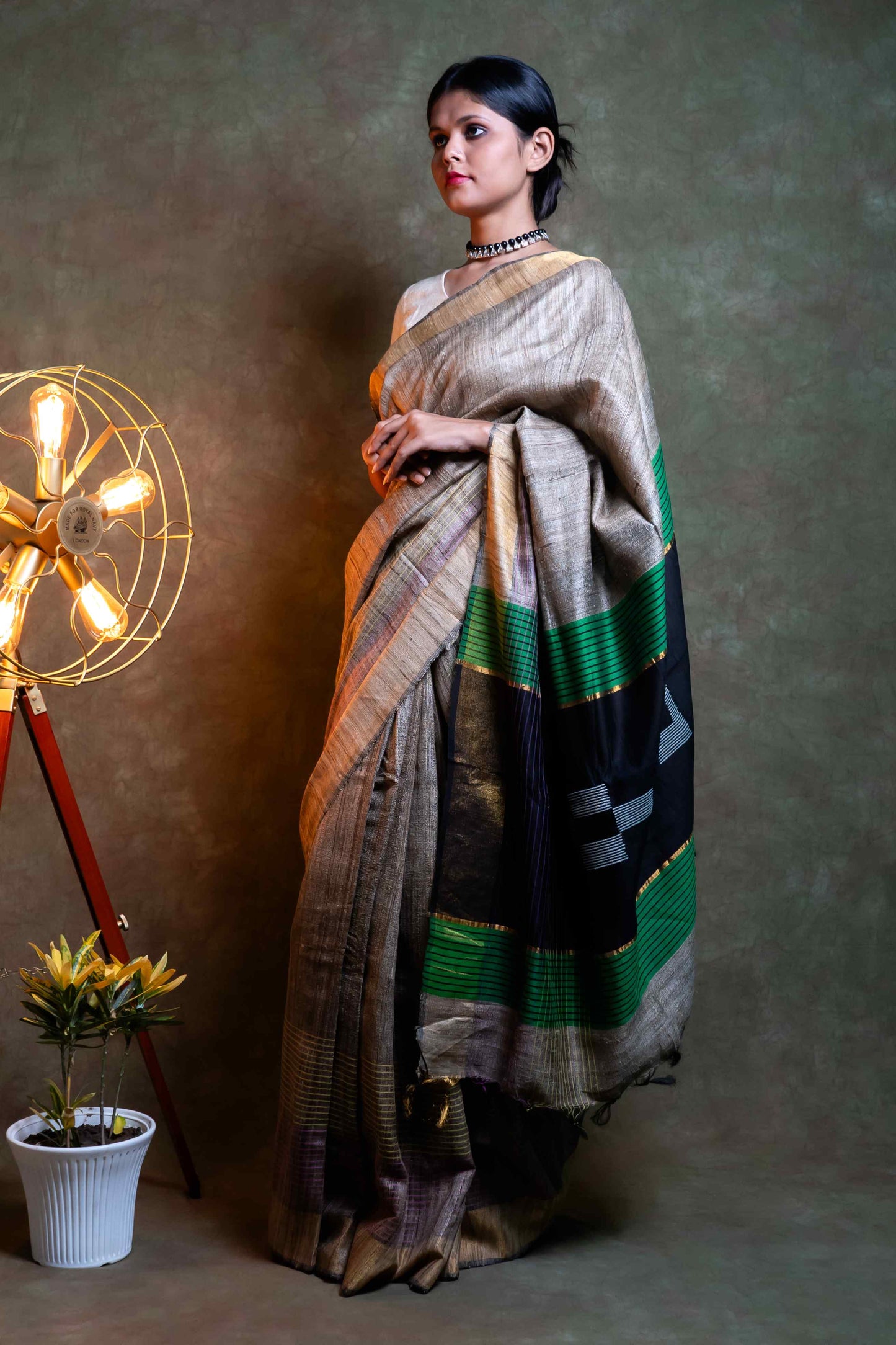 Anuttara Fabric Grey, Black & Green Ghicha Silk Saree