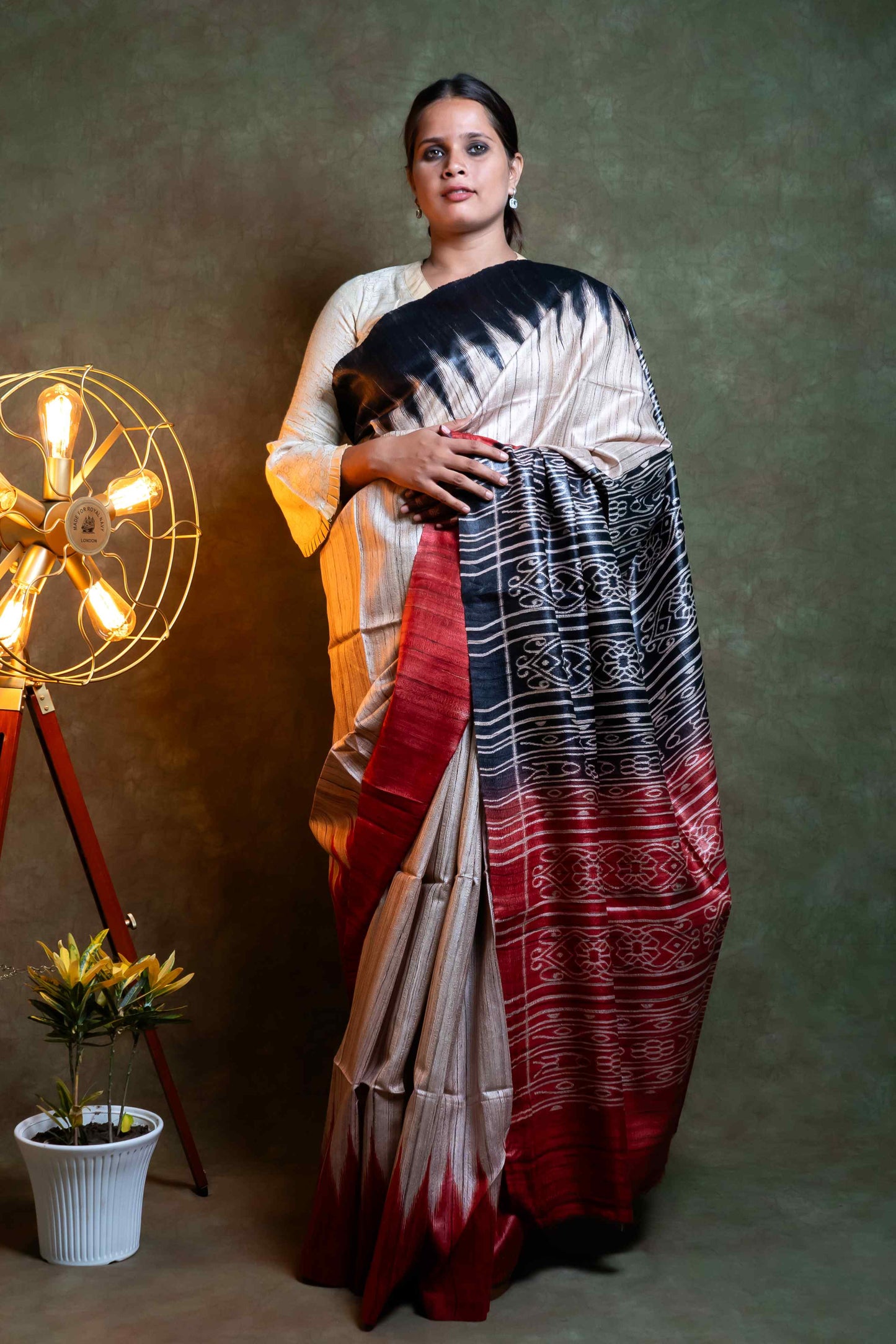 Anuttara Fabric Black & Red Natural Ghicha Silk Printed Saree