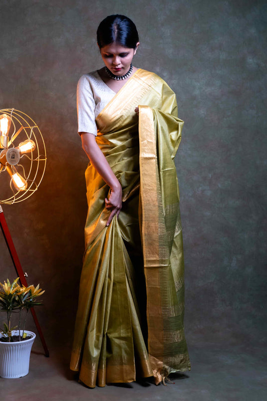 Anuttara Fabric Olive Green Tussar Silk Saree