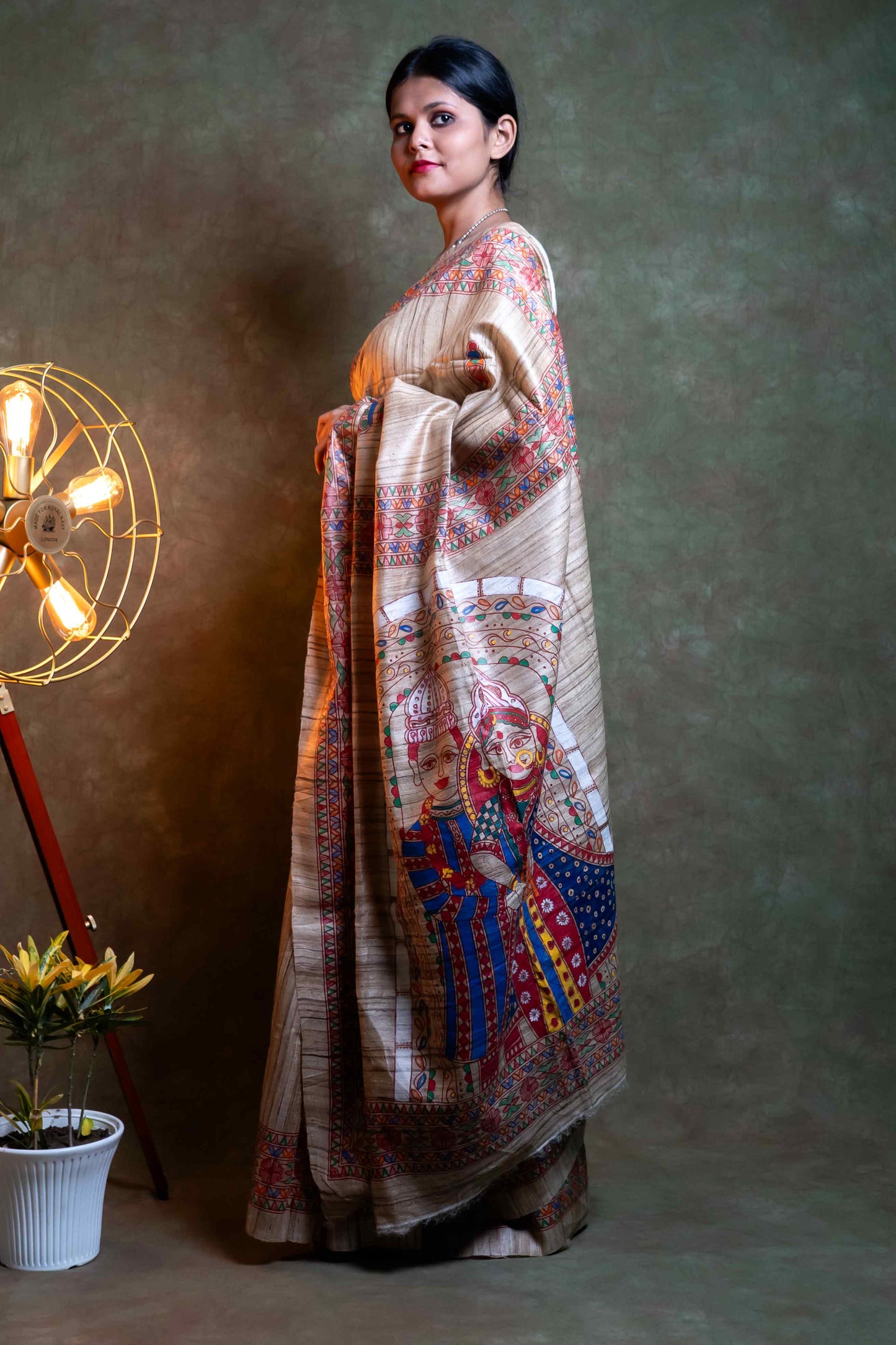 Anuttara Fabric Almond Madhubani Hand Painted Ghicha Silk Saree