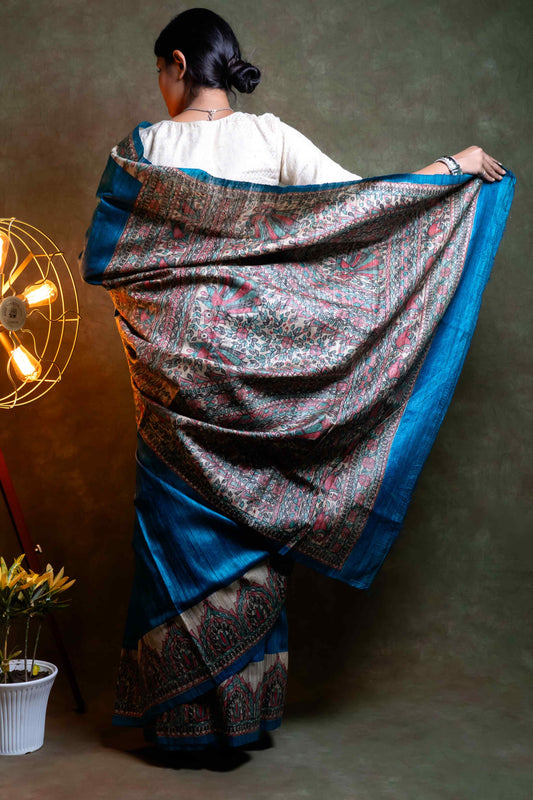 Anuttara Fabric Blue Ghicha Silk Madhubani Hand Painted Saree