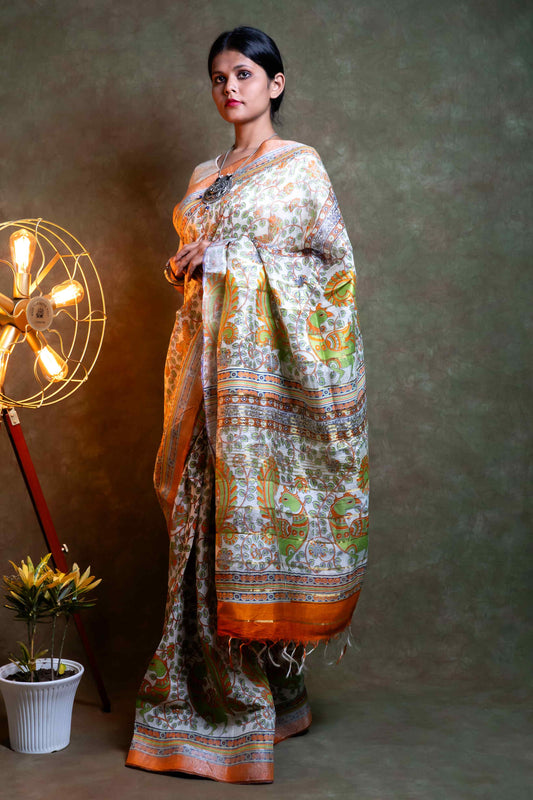 Anuttara Fabric MultiColor Silk Linen Printed Saree